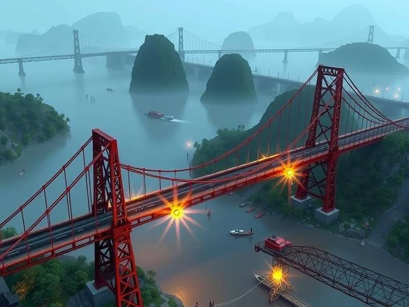 Bridge Builder Simulator gameplay showing complex suspension bridge design