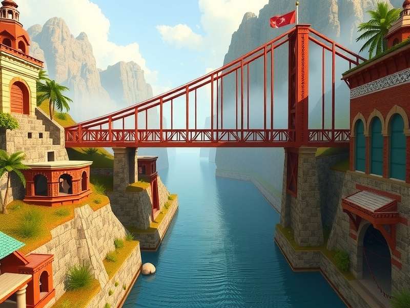 Bridge Builder Simulator Level 10 gameplay screenshot showing complex bridge design