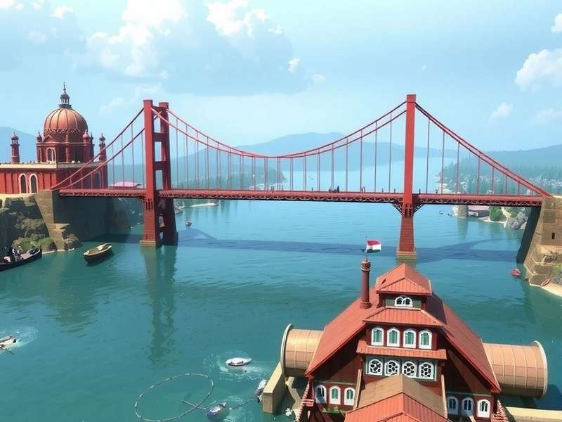 Screenshot of Bridge Builder Unblocked gameplay showing a complex steel bridge under stress test