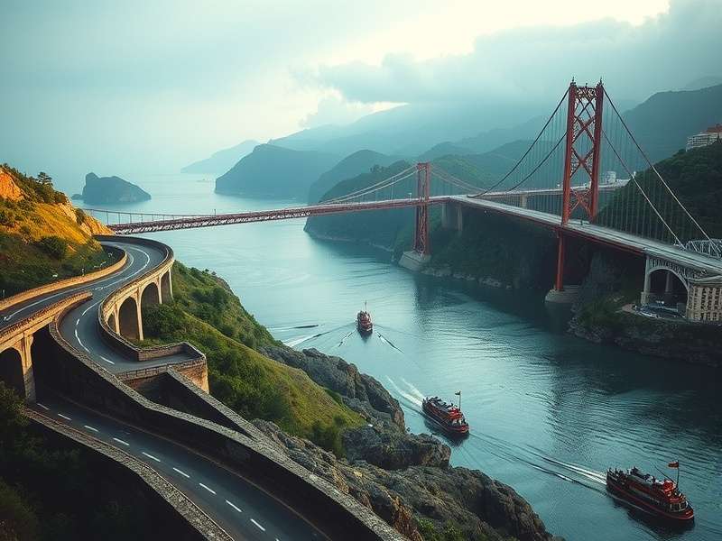 The majestic Severn Bridge stretching across the river with sunset colors