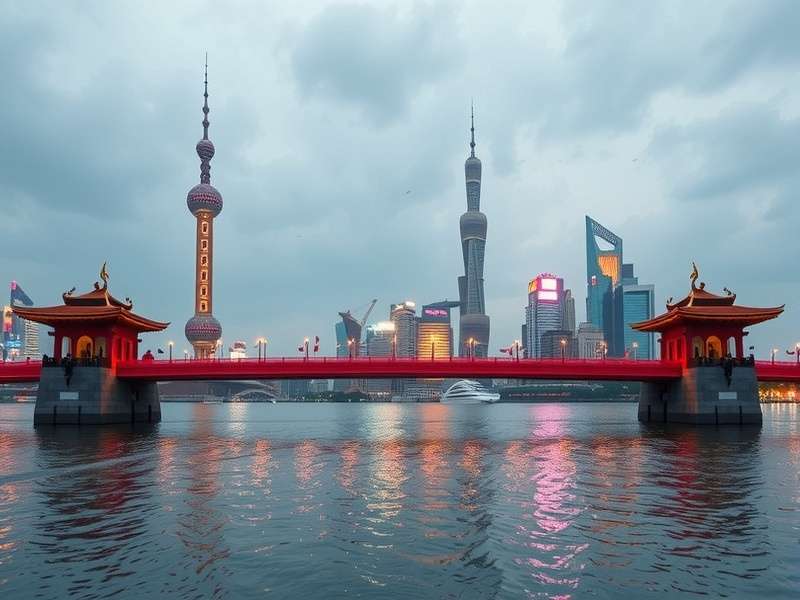 Aerial view of Nanpu Bridge in Shanghai at night, showing its spiral ramps and cable-stayed structure illuminated