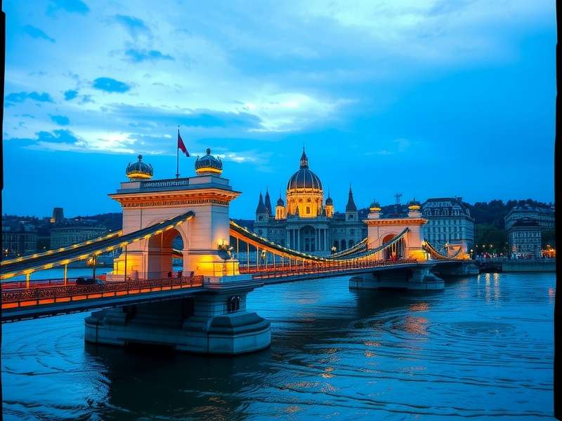 Széchenyi Chain Bridge illuminated at night over the Danube River, Budapest