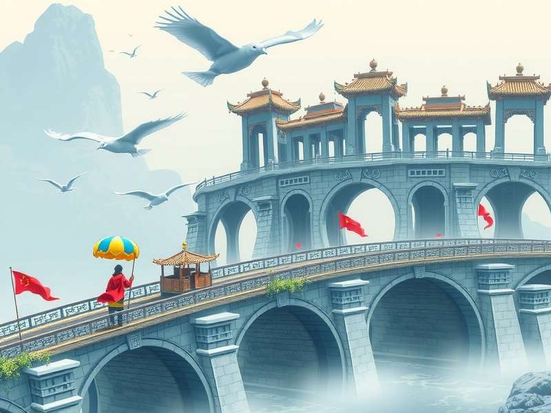 Shiziguan Floating Bridge China stretching over emerald green water surrounded by karst mountains