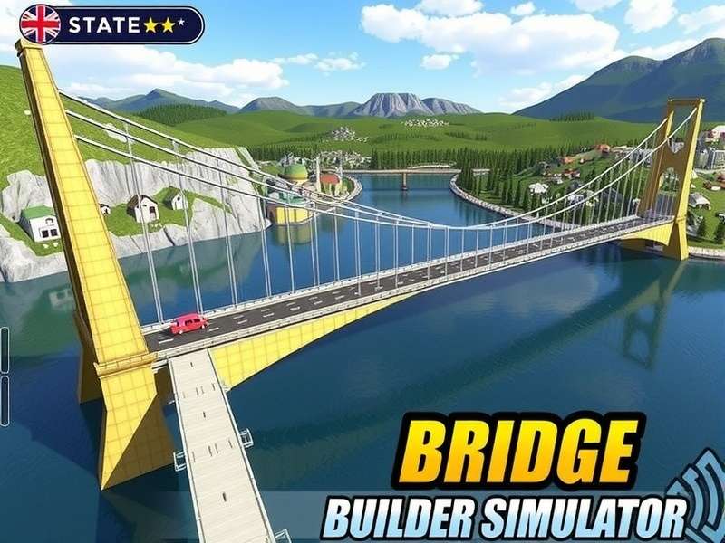 Bridge Builder Simulator gameplay screenshot showing a complex bridge under construction over a river valley
