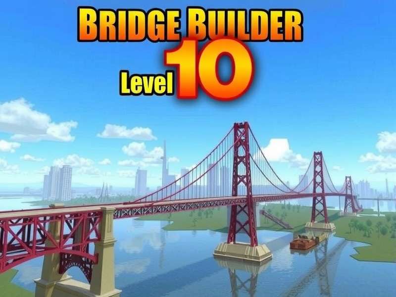 Bridge Builder Simulator Level 10 — in-game screenshot showing a complex steel-truss bridge under load testing with orange highlight.
