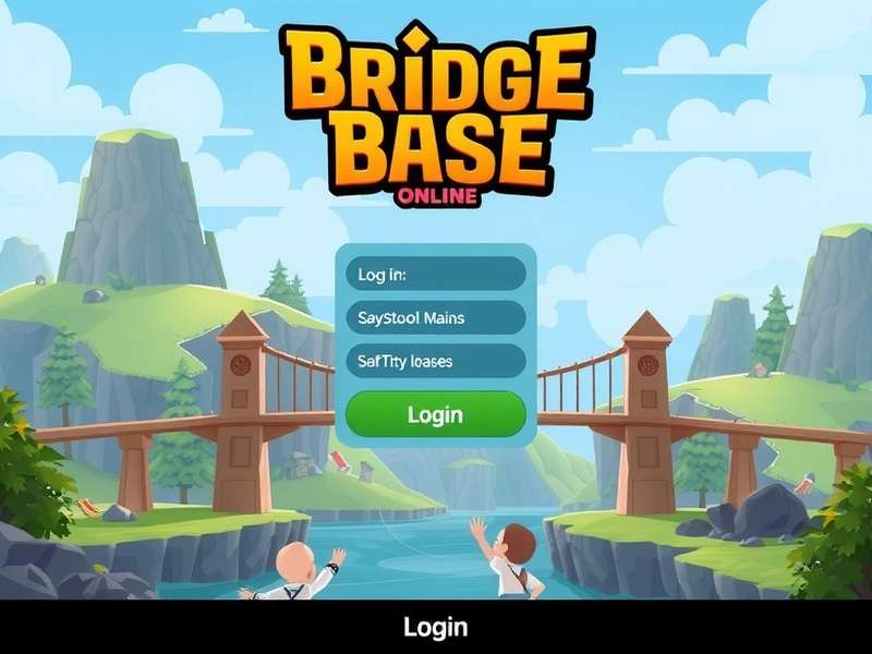 Bridge Base Online login screen showing a bridge card game table with players from around the world